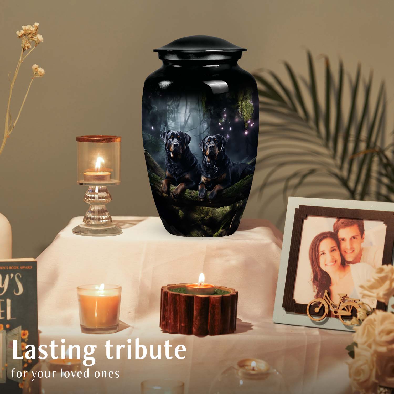 Two Rottweilers Dog Urn for Ashes – Black Pet Memorial Keepsake