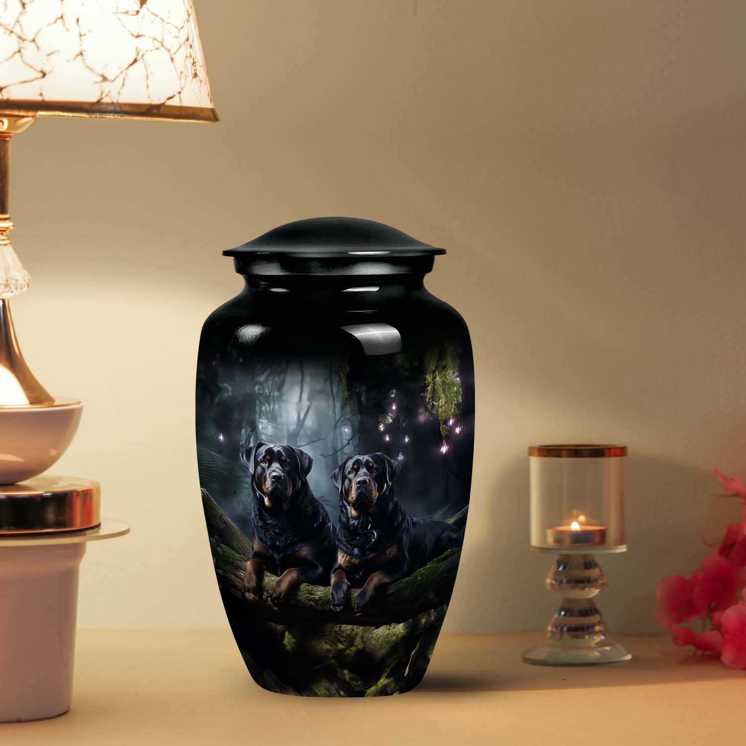 Two Rottweilers Dog Urn for Ashes – Black Pet Memorial Keepsake