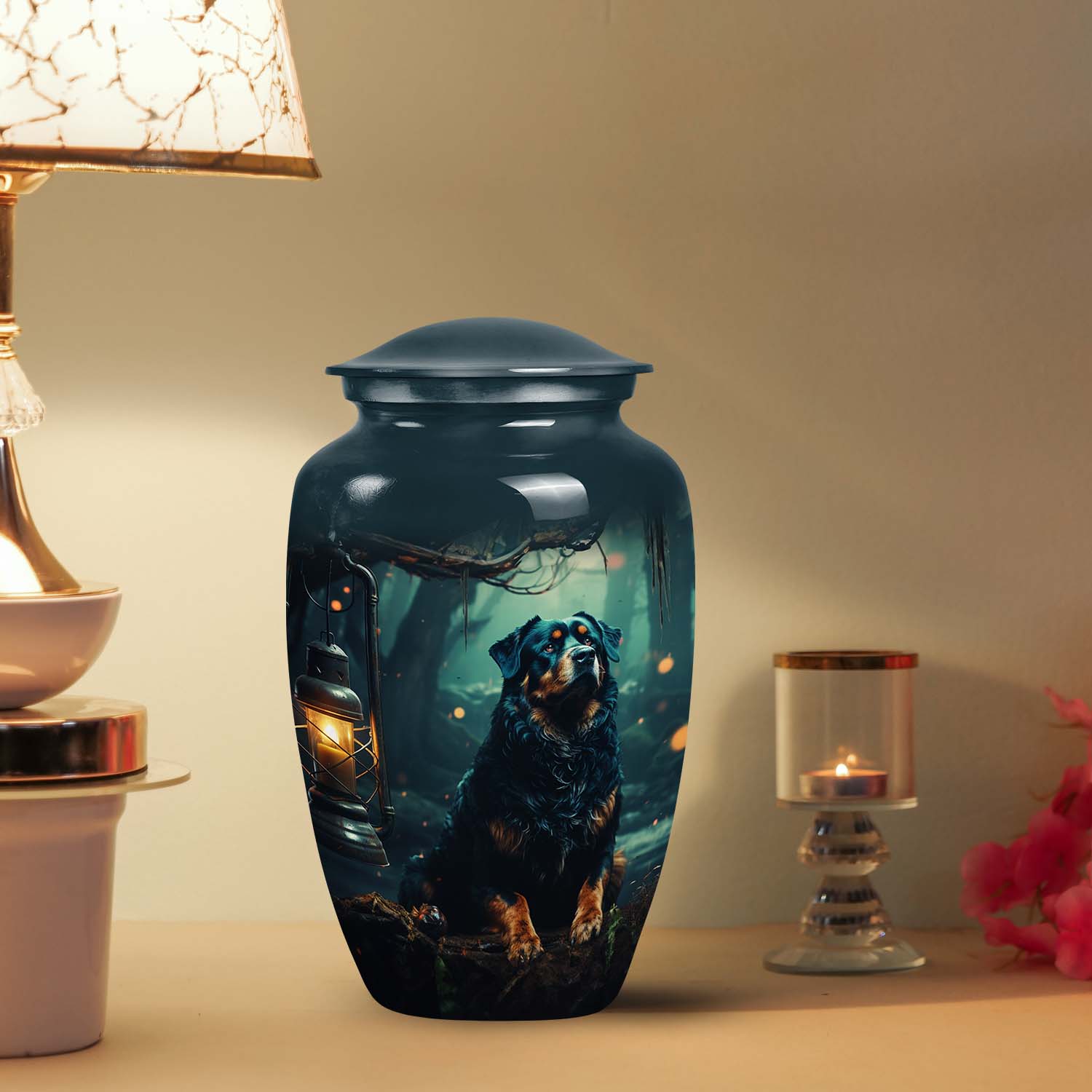 Lantern Light Dog Memorial Urn – Rottweiler Keepsake Urn for Ashes