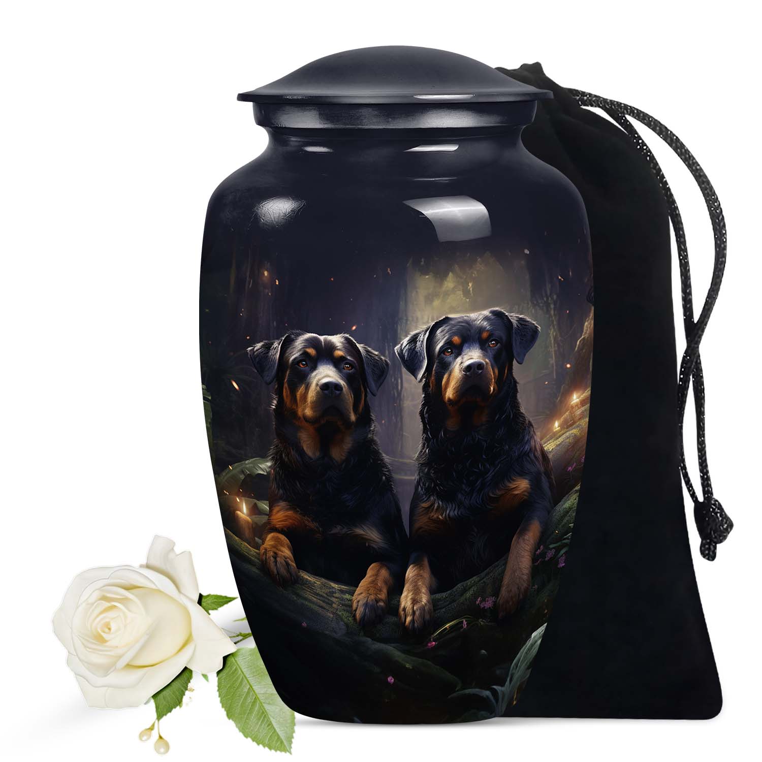 Two Rottweilers Dog Urn for Ashes – Black Pet Memorial Keepsake