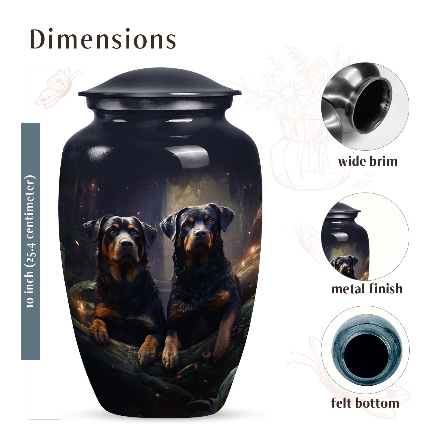 Two Rottweilers Dog Urn for Ashes – Black Pet Memorial Keepsake
