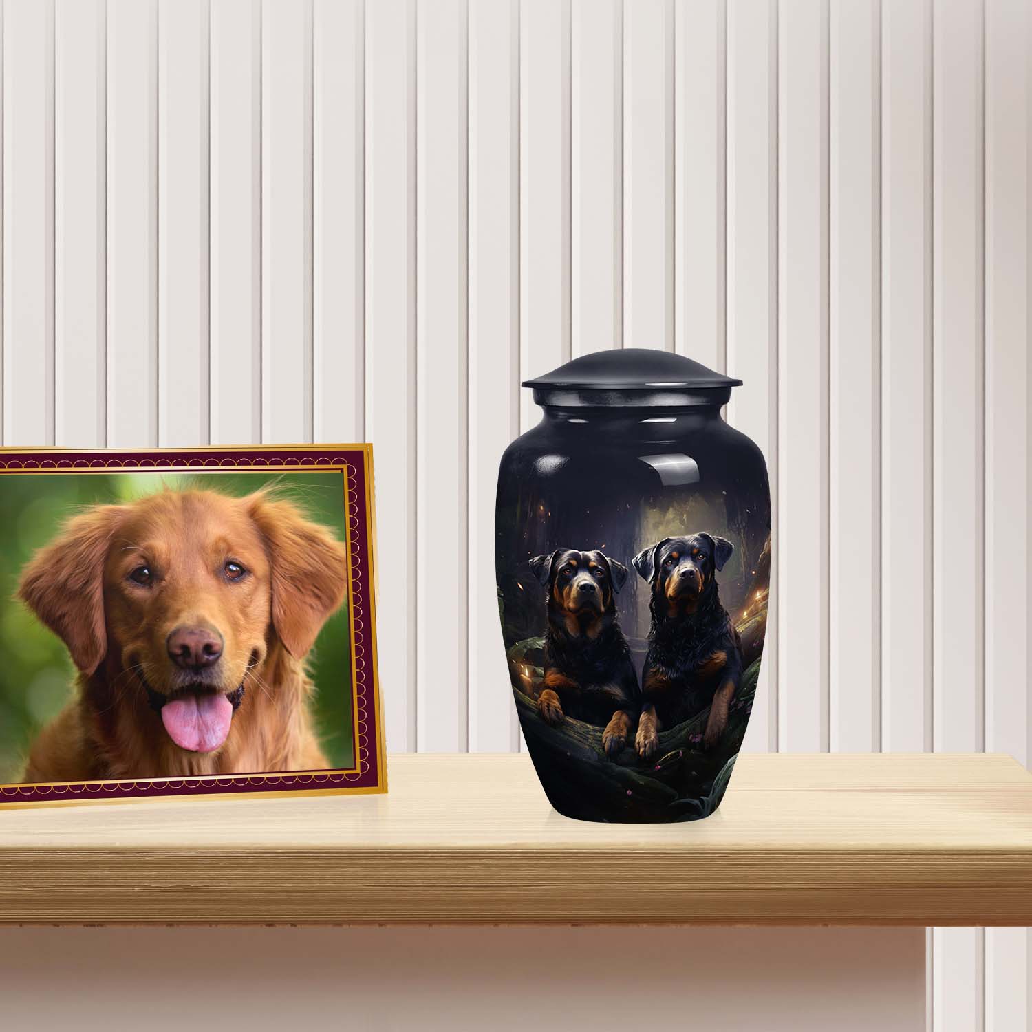 Two Rottweilers Dog Urn for Ashes – Black Pet Memorial Keepsake