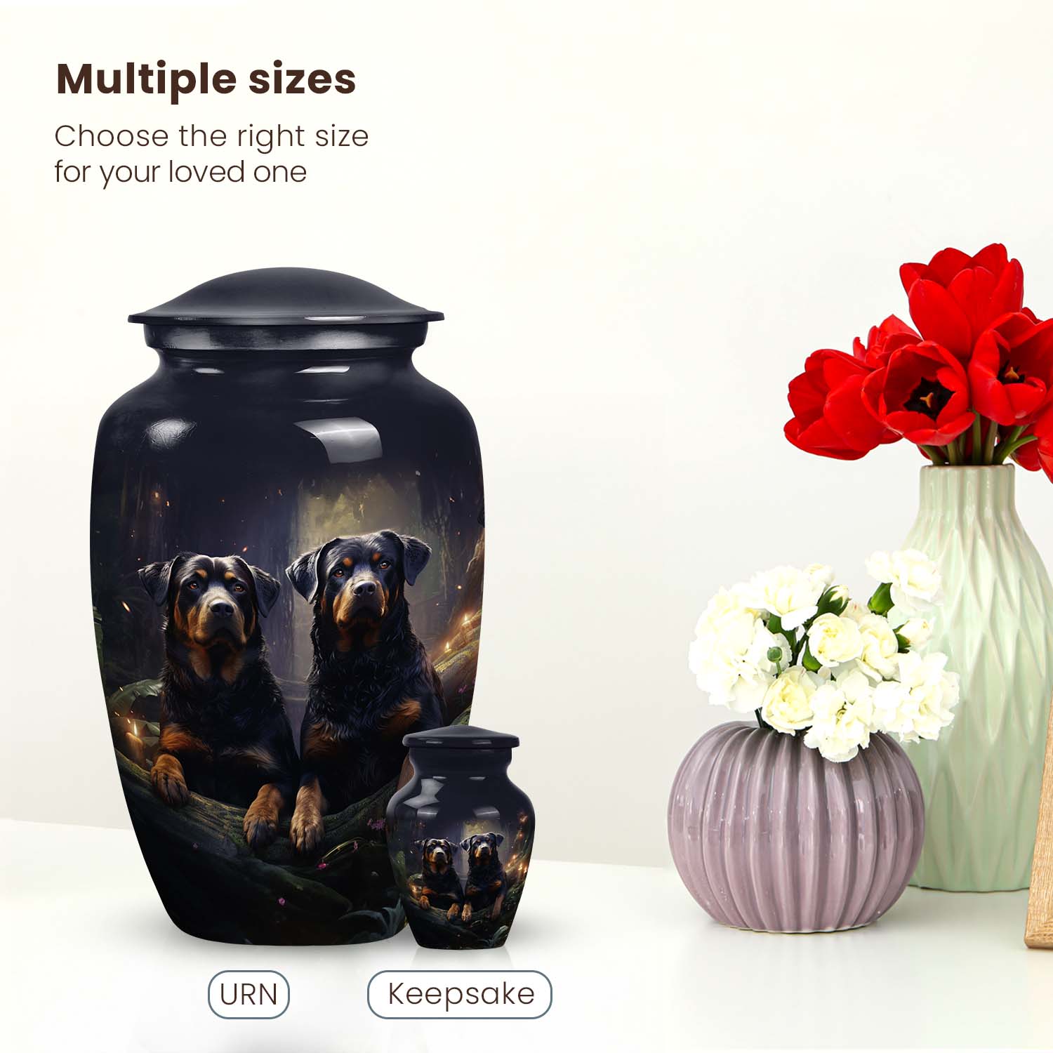 Two Rottweilers Dog Urn for Ashes – Black Pet Memorial Keepsake