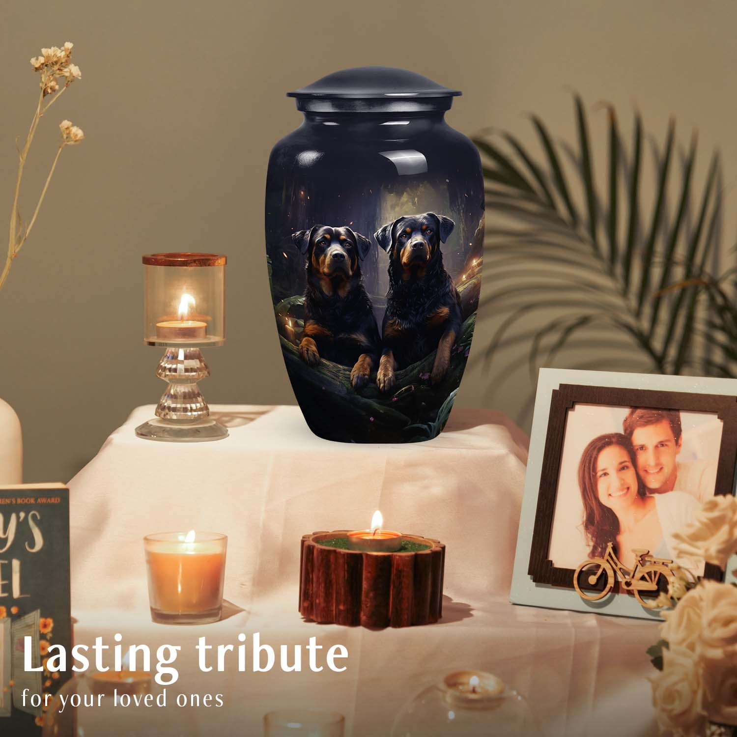 Two Rottweilers Dog Urn for Ashes – Black Pet Memorial Keepsake