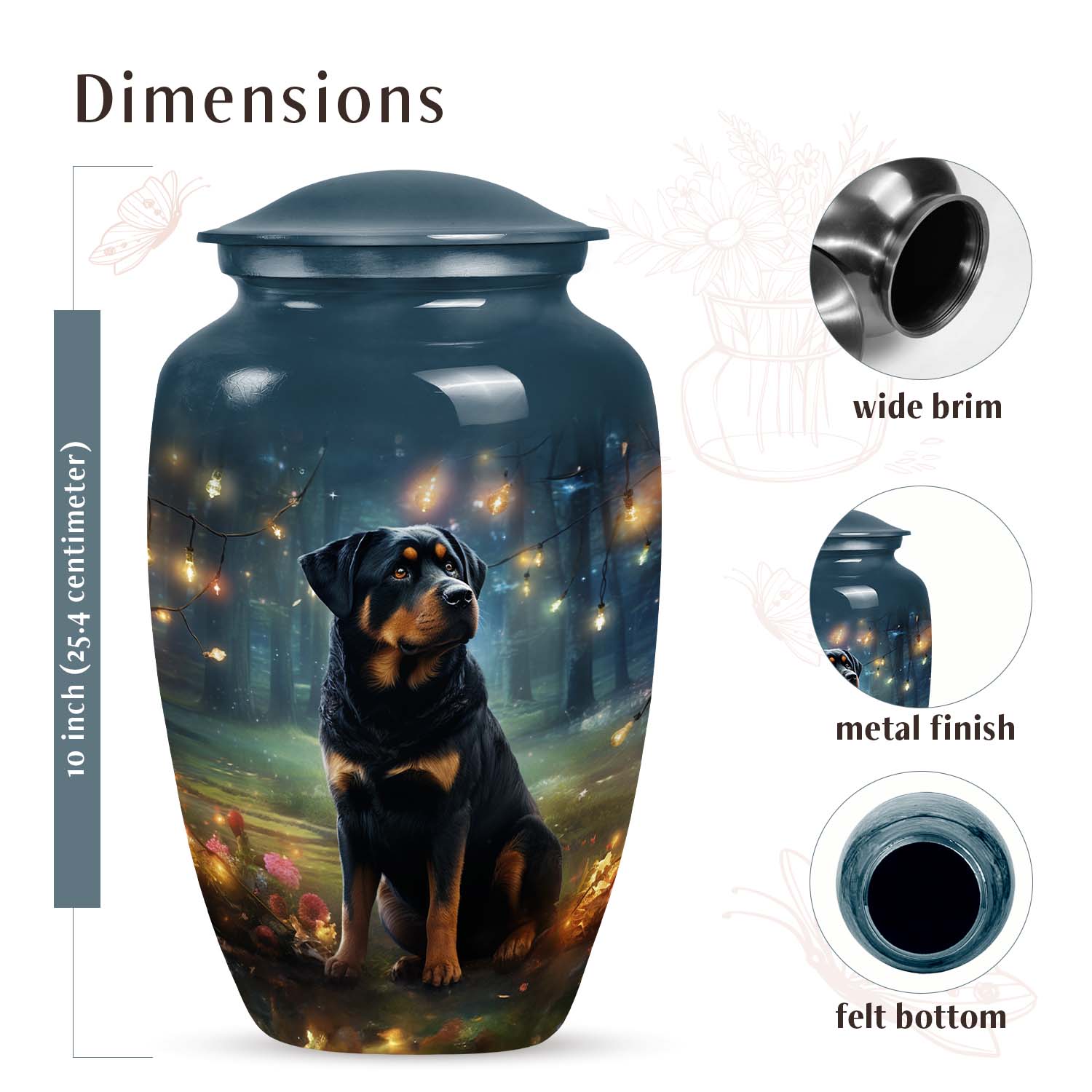 Rottweiler Dog Cremation Urn – Pet Memorial Keepsake with Fairy Light