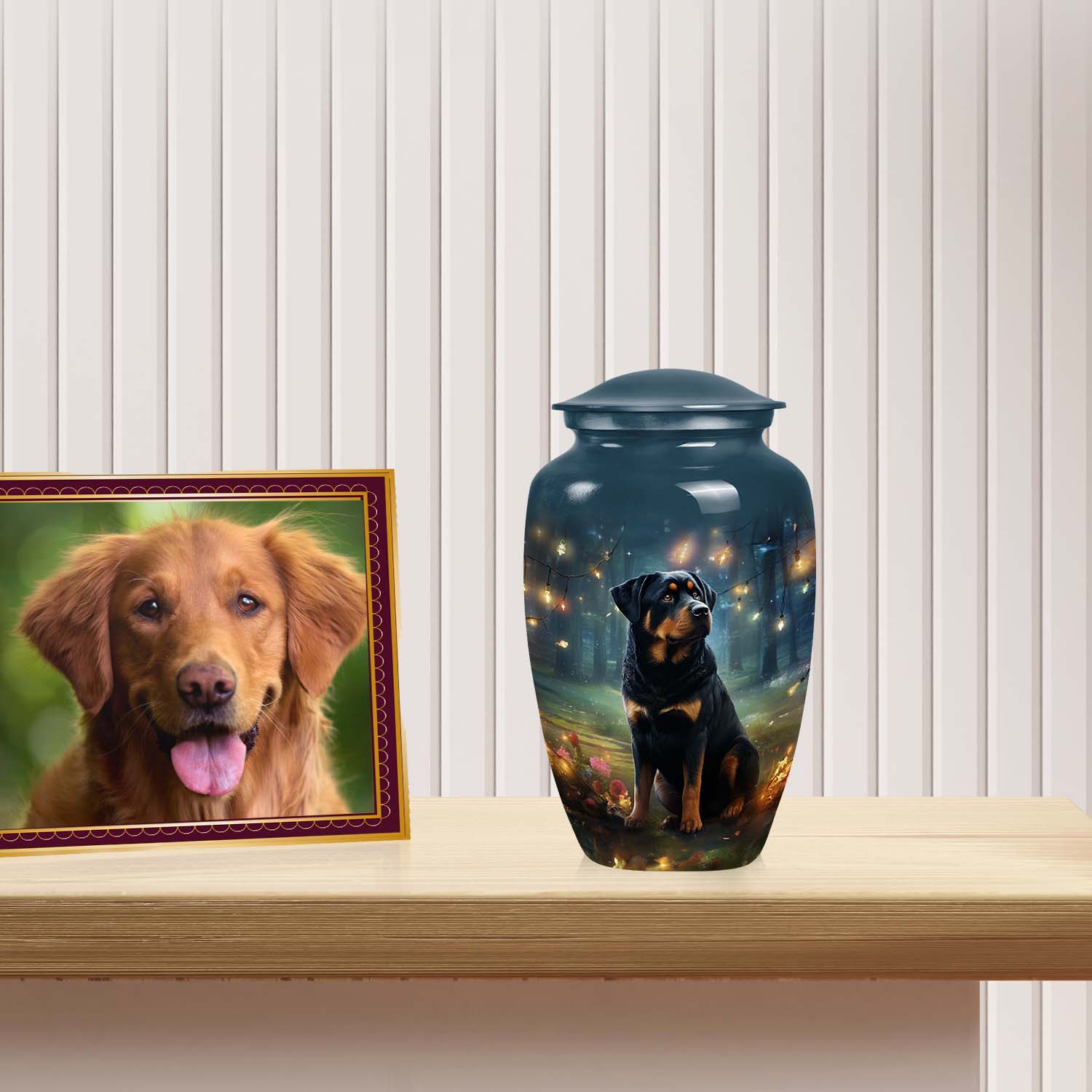 Rottweiler Dog Cremation Urn – Pet Memorial Keepsake with Fairy Light