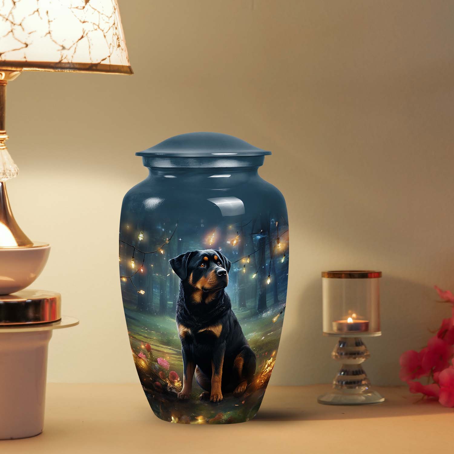 Rottweiler Dog Cremation Urn – Pet Memorial Keepsake with Fairy Light