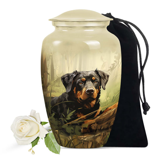 Rottweiler Dog Urn for Ashes – Forest Scene Pet Memorial Keepsake