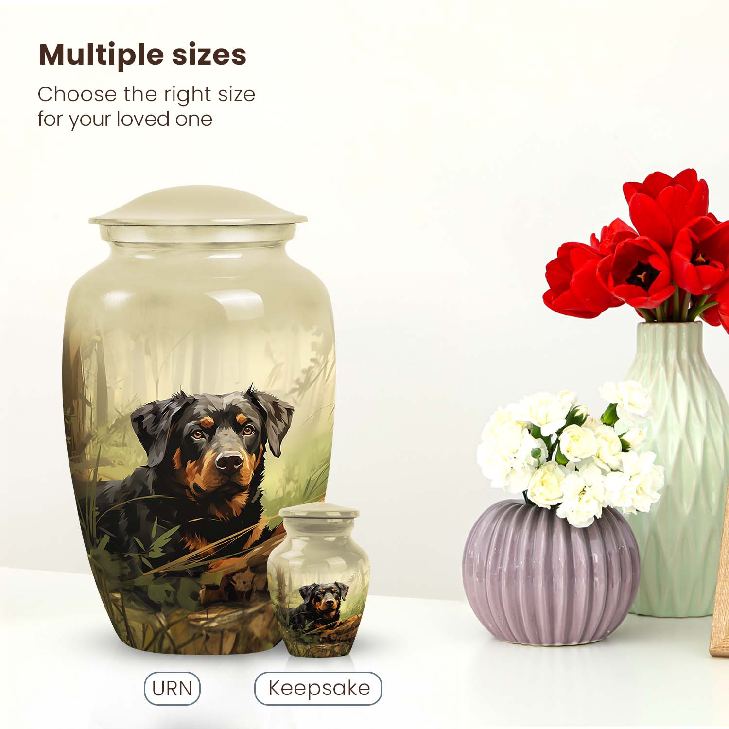 Rottweiler Dog Urn for Ashes – Forest Scene Pet Memorial Keepsake