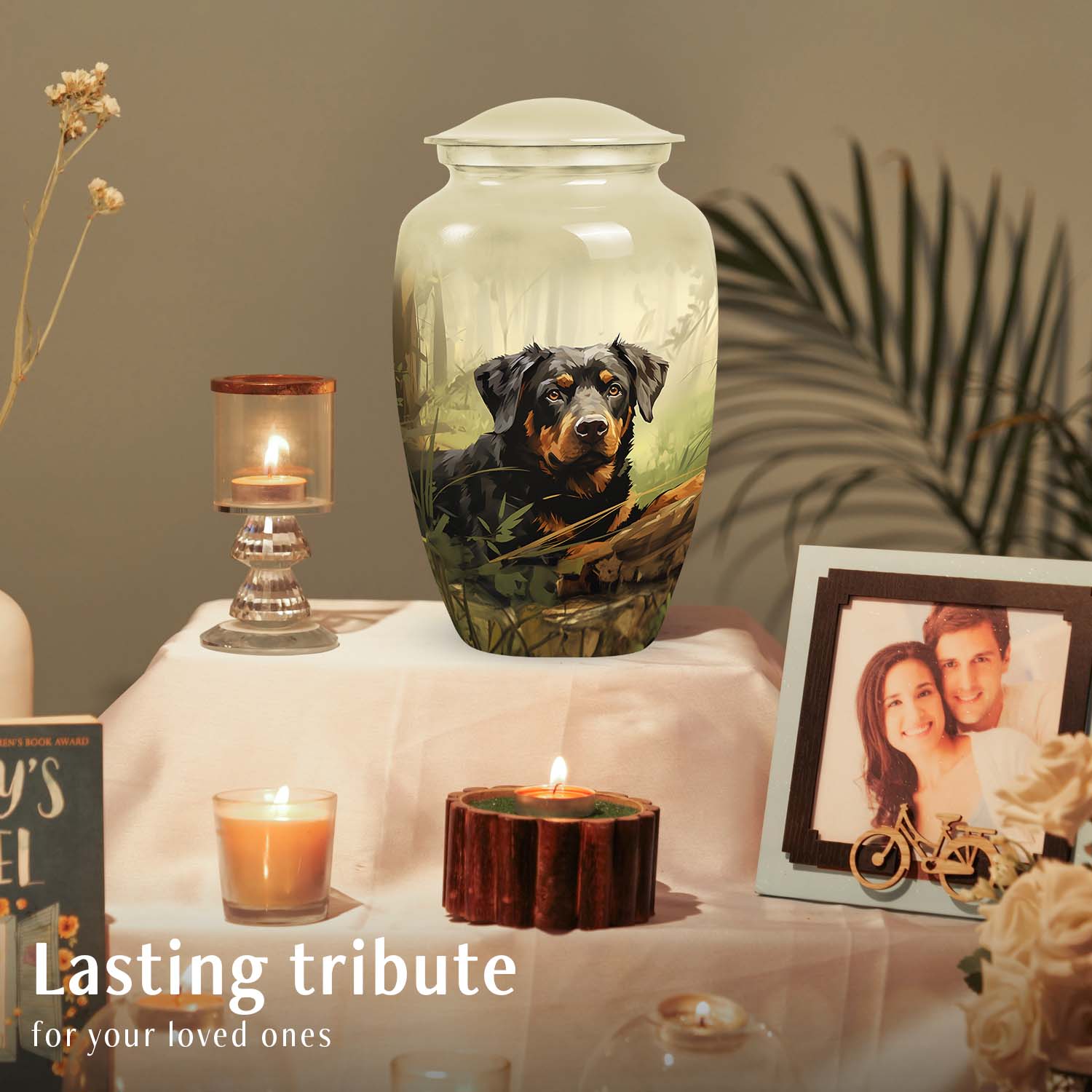 Rottweiler Dog Urn for Ashes – Forest Scene Pet Memorial Keepsake