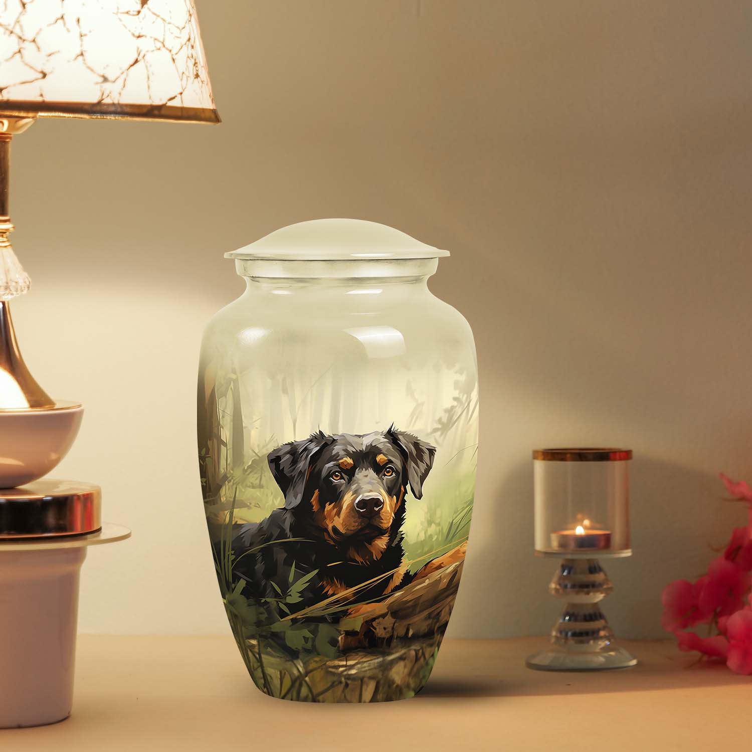 Rottweiler Dog Urn for Ashes – Forest Scene Pet Memorial Keepsake