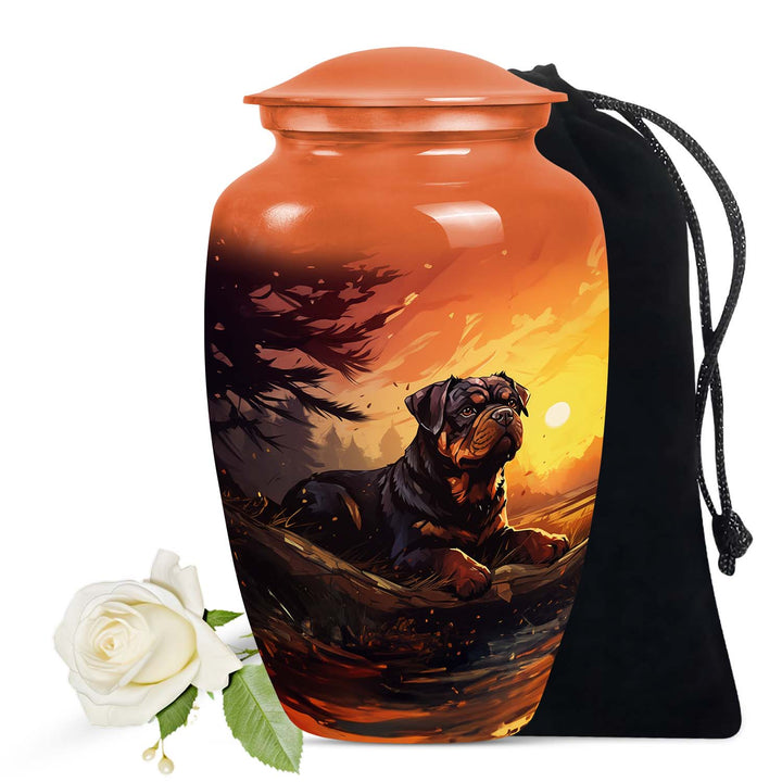 Dog Urn for Pet Ashes, Rottweiler at Fiery Sunset, Cremation Urn