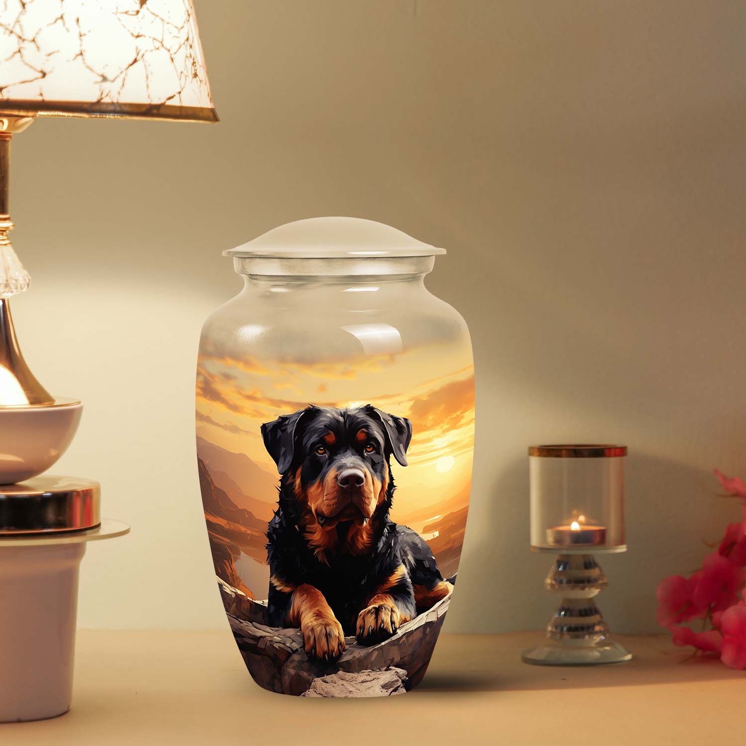 Rottweiler Cremation Urn for Pet Ashes – Sunset Mountain Dog Memorial Urn
