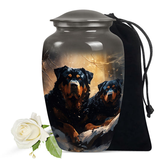 Rottweiler Dog Cremation Urn for Pet Ashes - Two Dogs in Snowy Forest Memorial Urn
