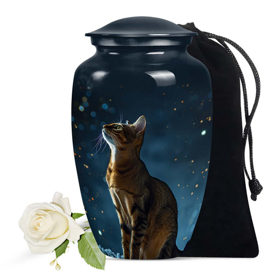 Stargazer Cat Cremation Urn for Pet Ashes - Mystic Night Portrait Pet Memorial