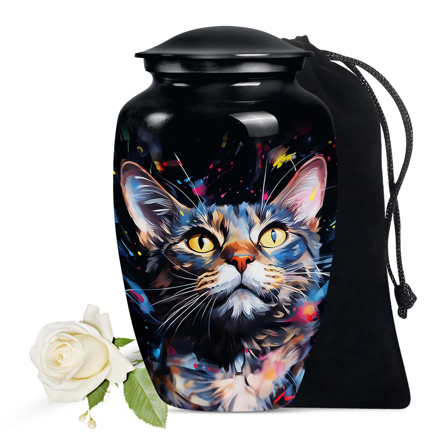Cat Urn for Pet Ashes, Colorful Painted Cat Face with Splatter, Memorial Urn