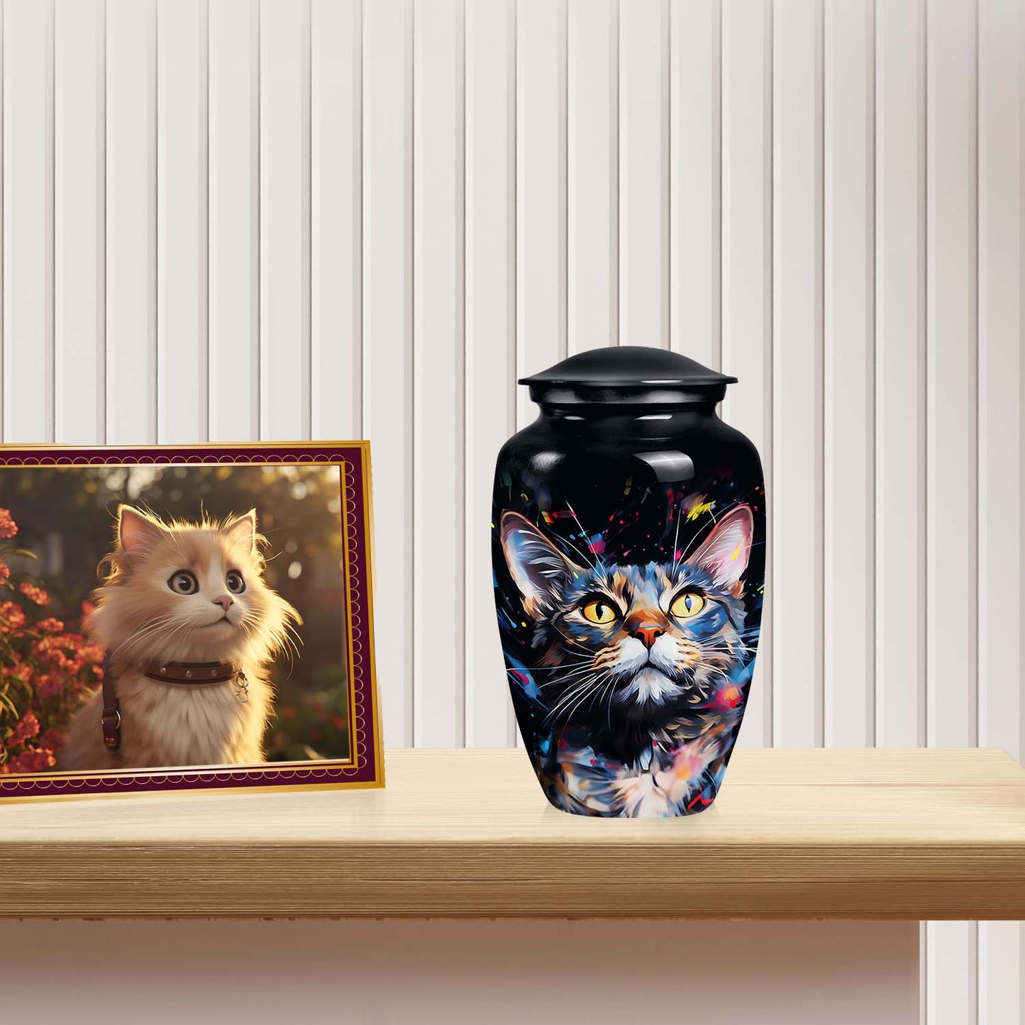 Cat Urn for Pet Ashes, Colorful Painted Cat Face with Splatter, Memorial Urn