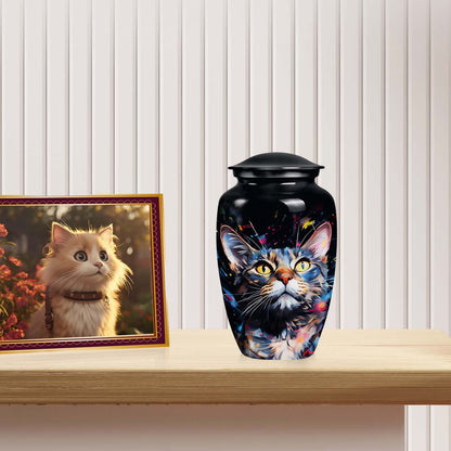 Cat Urn for Pet Ashes, Colorful Painted Cat Face with Splatter, Memorial Urn