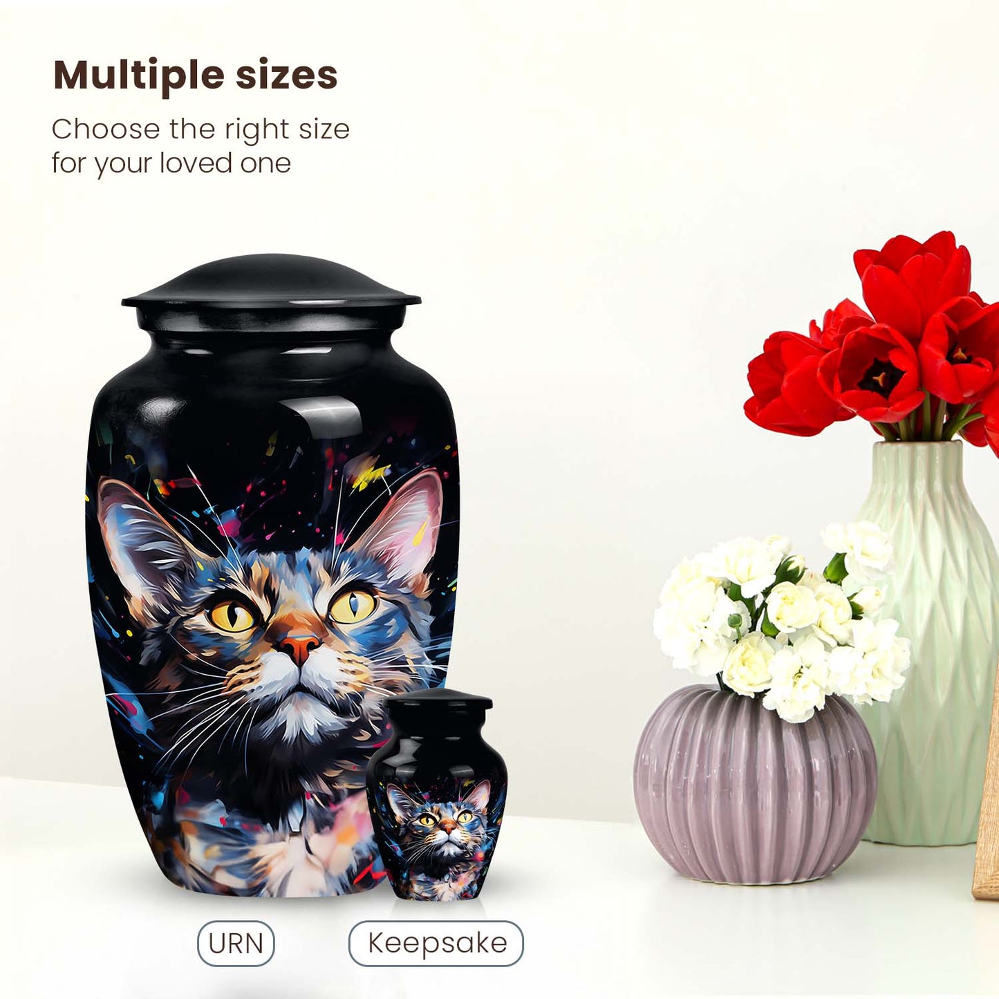 Cat Urn for Pet Ashes, Colorful Painted Cat Face with Splatter, Memorial Urn