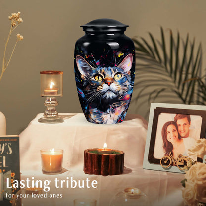Cat Urn for Pet Ashes, Colorful Painted Cat Face with Splatter, Memorial Urn