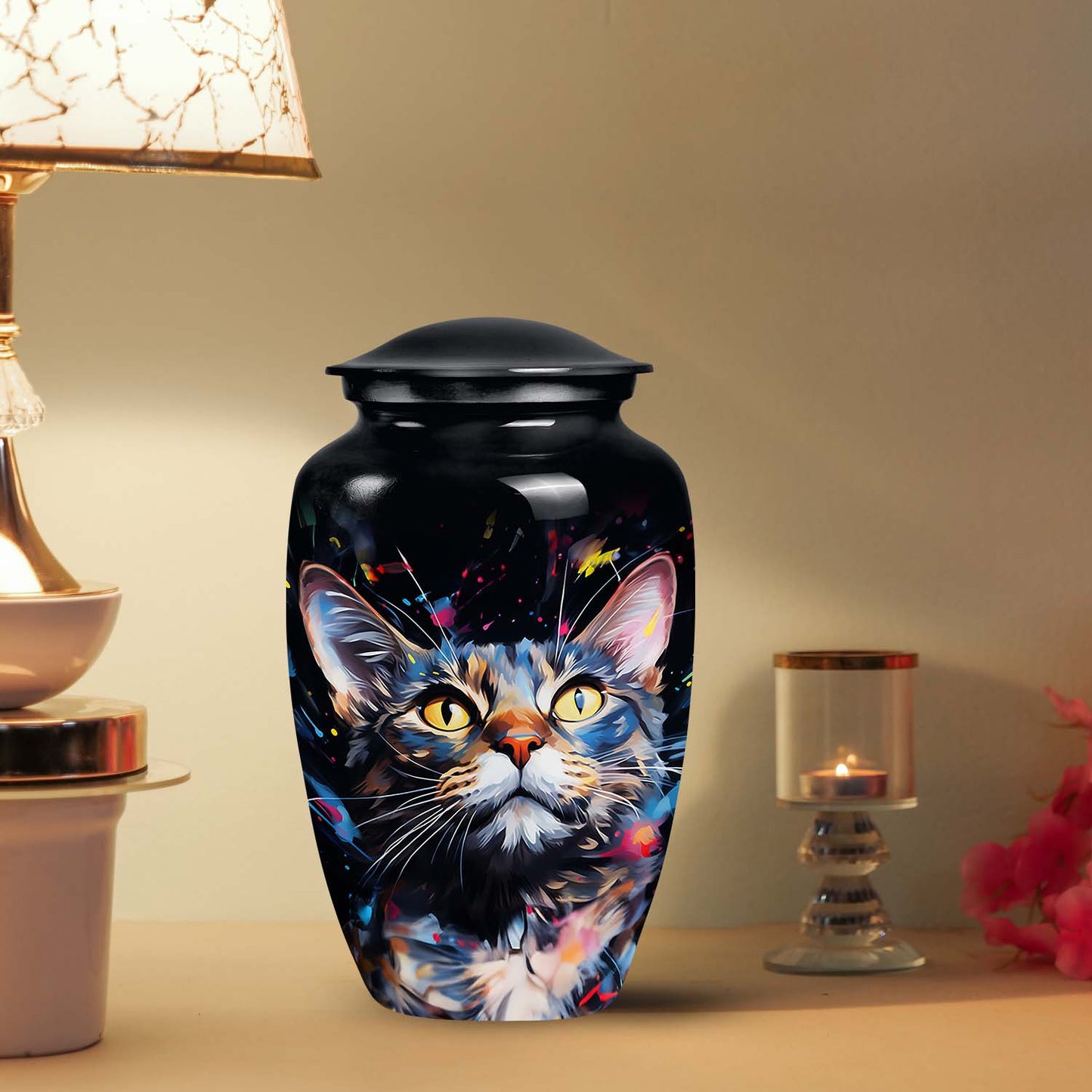 Cat Urn for Pet Ashes, Colorful Painted Cat Face with Splatter, Memorial Urn