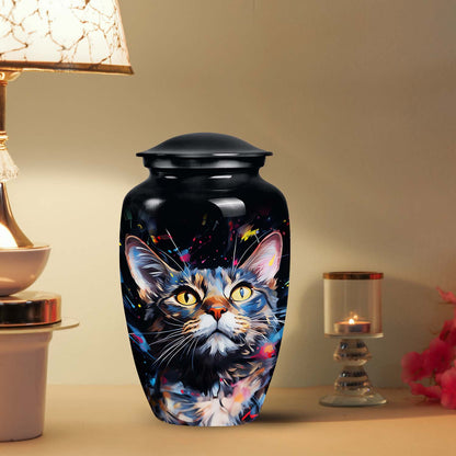 Cat Urn for Pet Ashes, Colorful Painted Cat Face with Splatter, Memorial Urn