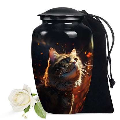 Cat Urn for Pet Ashes, Fluffy Tabby with Fiery Embers, Black Cremation Urn