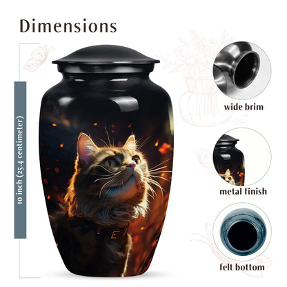 Cat Urn for Pet Ashes, Fluffy Tabby with Fiery Embers, Black Cremation Urn