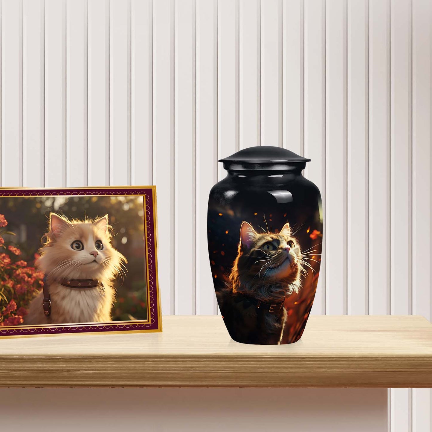 Cat Urn for Pet Ashes, Fluffy Tabby with Fiery Embers, Black Cremation Urn