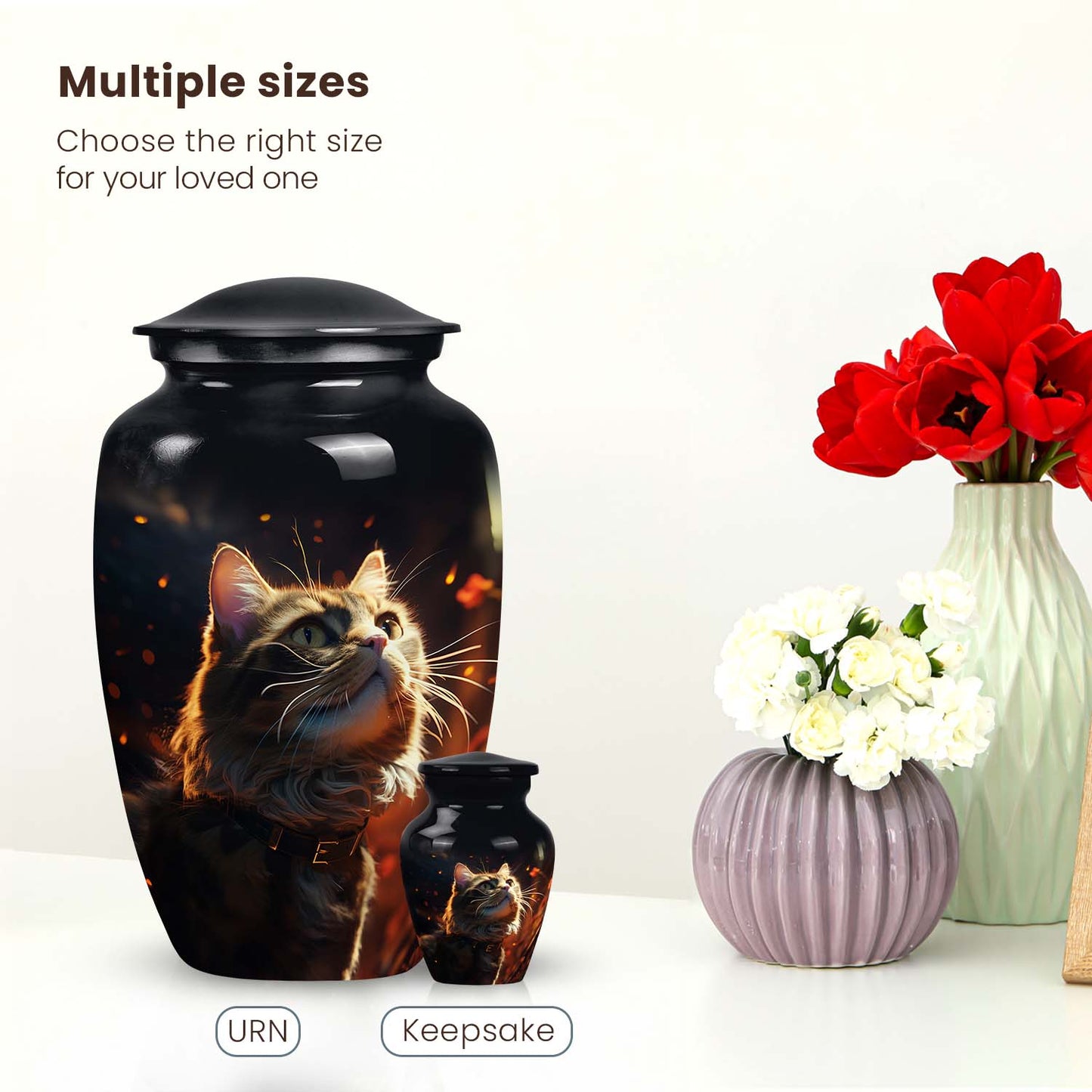 Cat Urn for Pet Ashes, Fluffy Tabby with Fiery Embers, Black Cremation Urn