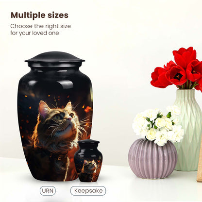 Cat Urn for Pet Ashes, Fluffy Tabby with Fiery Embers, Black Cremation Urn