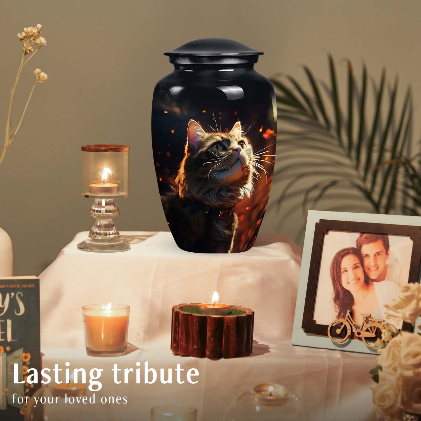 Cat Urn for Pet Ashes, Fluffy Tabby with Fiery Embers, Black Cremation Urn