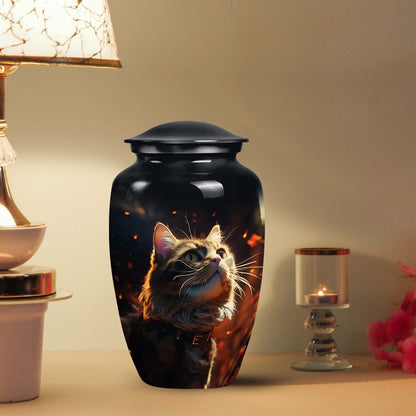 Cat Urn for Pet Ashes, Fluffy Tabby with Fiery Embers, Black Cremation Urn
