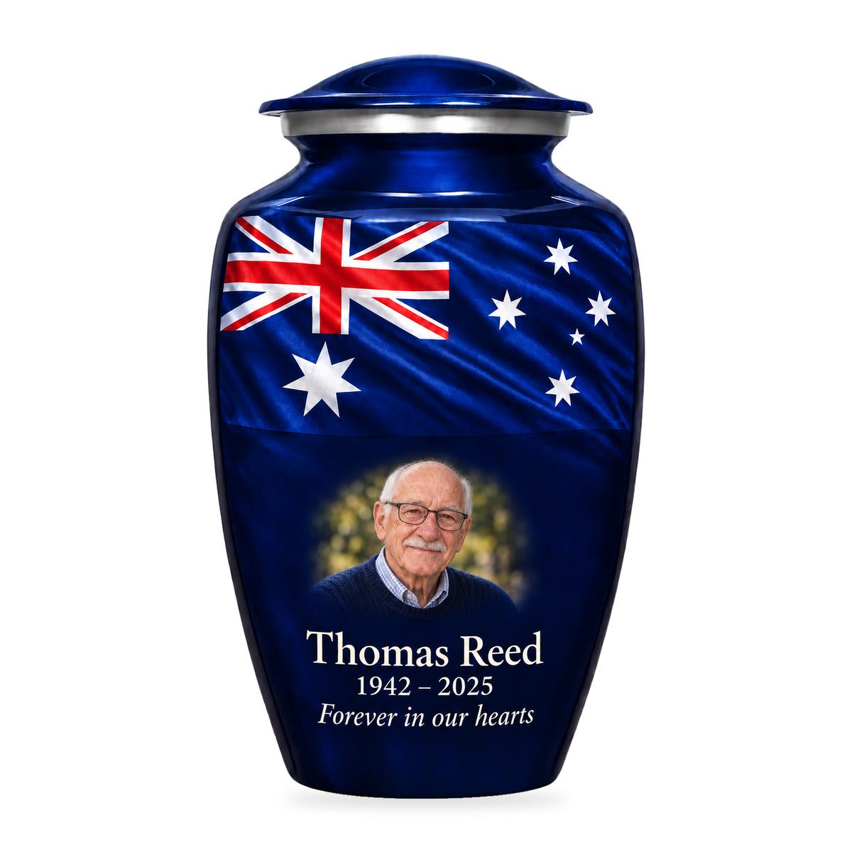 Navy Blue adult Midnight Australian Tribute urn with an upper Australian flag banner and a fictional sample portrait below on white.