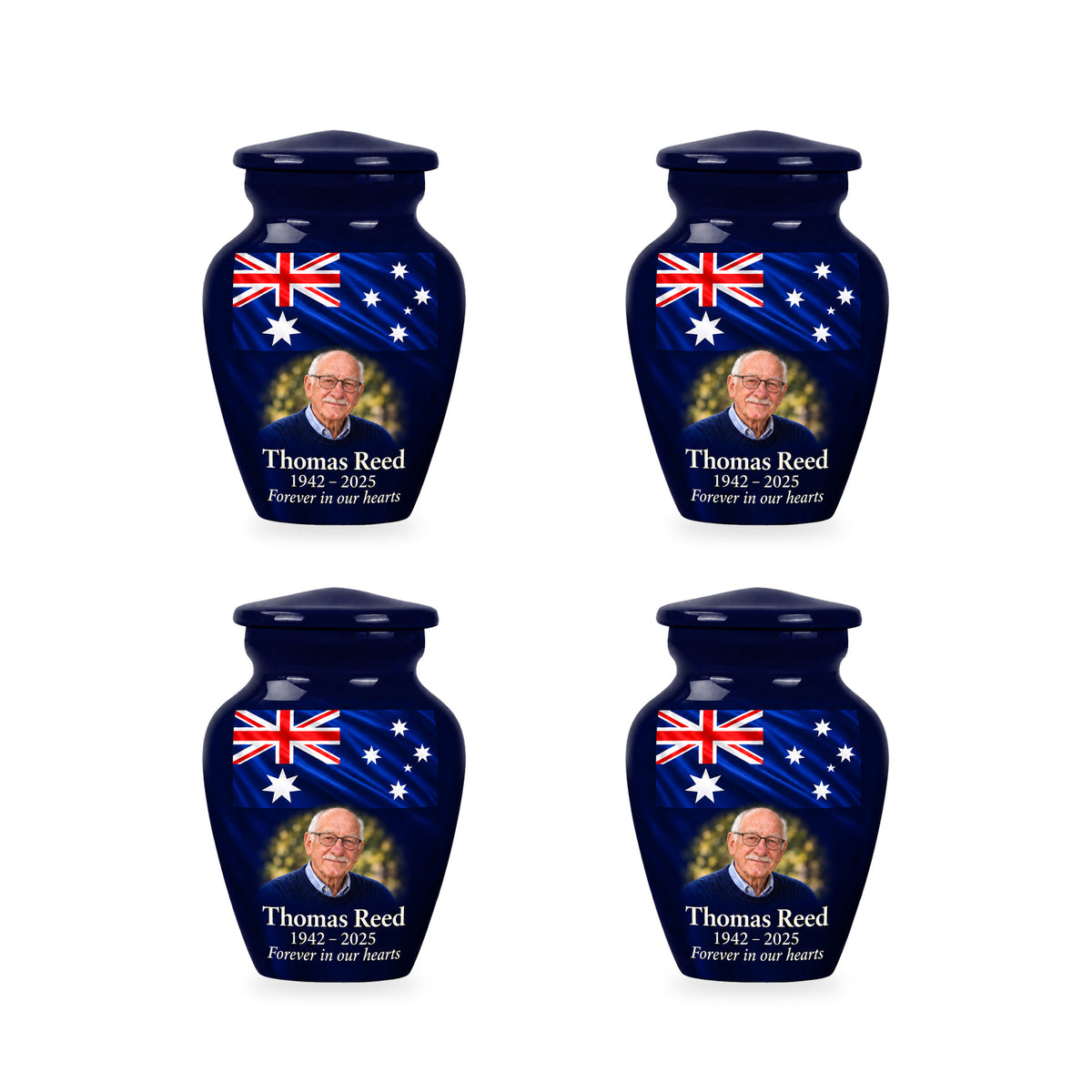 Four matching navy blue ringless keepsake urns with Australian flag artwork and fictional sample personalization.