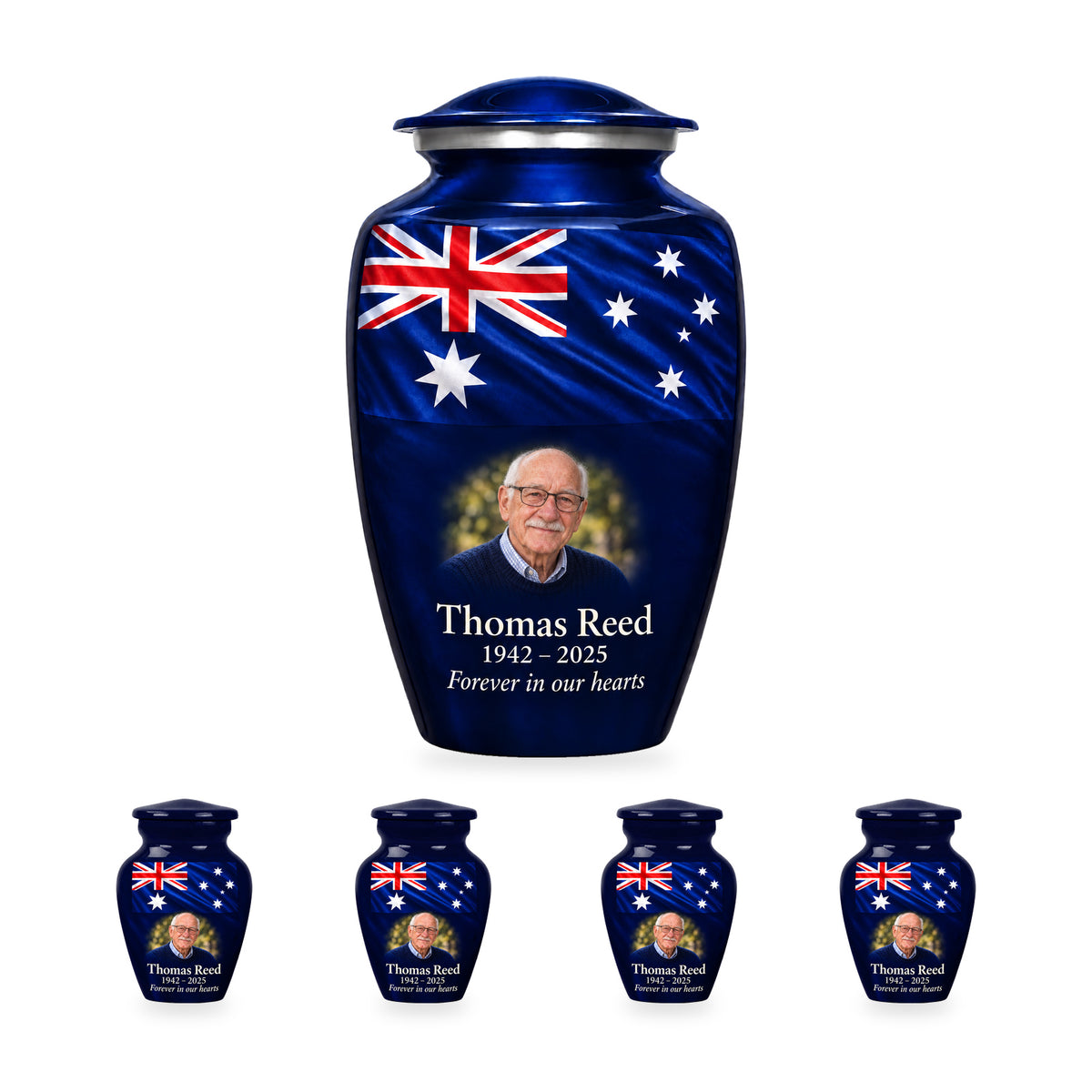 One navy blue adult Australian flag urn with four matching ringless keepsakes, showing the 10-inch and 3-inch sizes together.