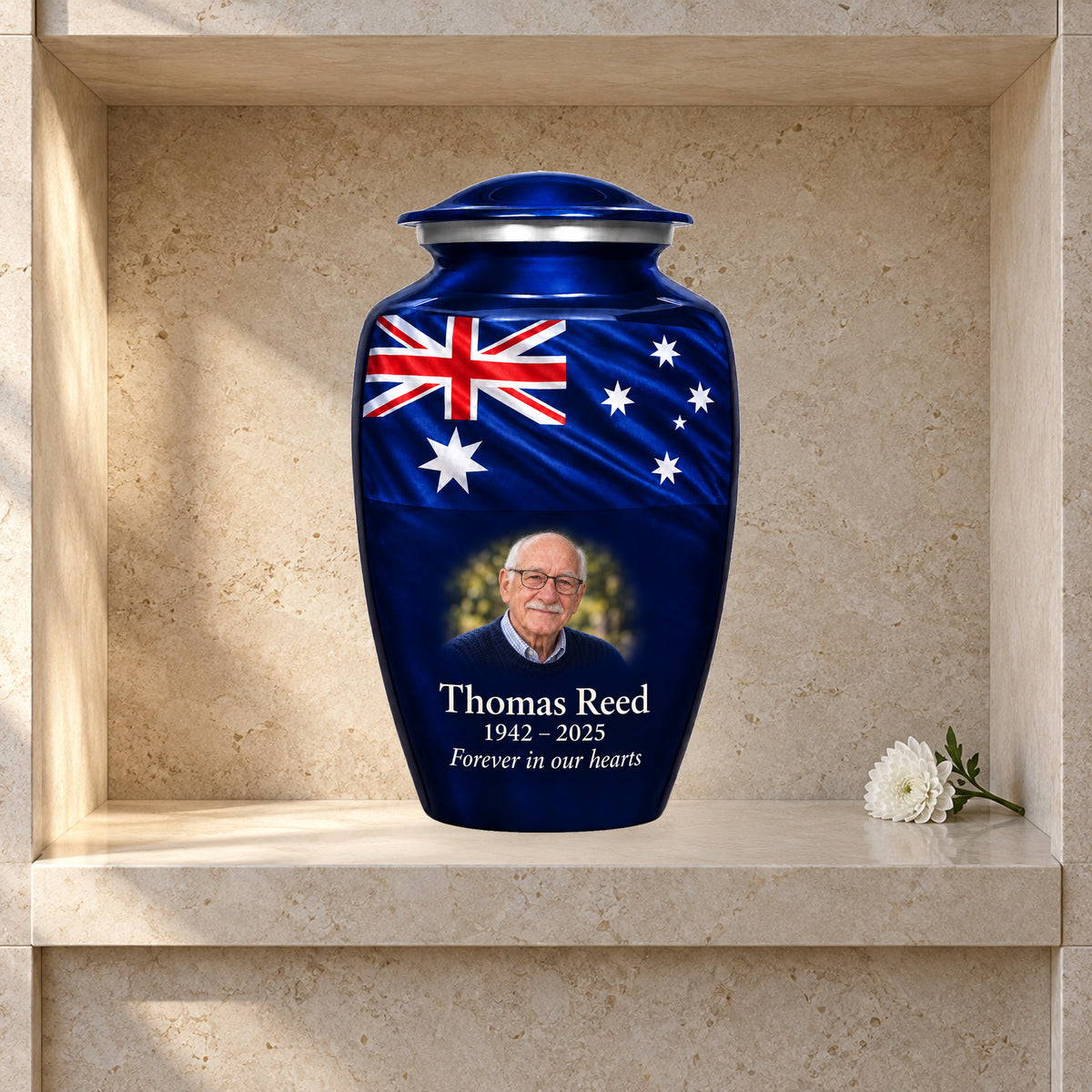 Navy Blue adult Midnight Australian Tribute Australian flag urn in a columbarium display; decorative props are not included.