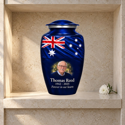 Navy Blue adult Midnight Australian Tribute Australian flag urn in a columbarium display; decorative props are not included.