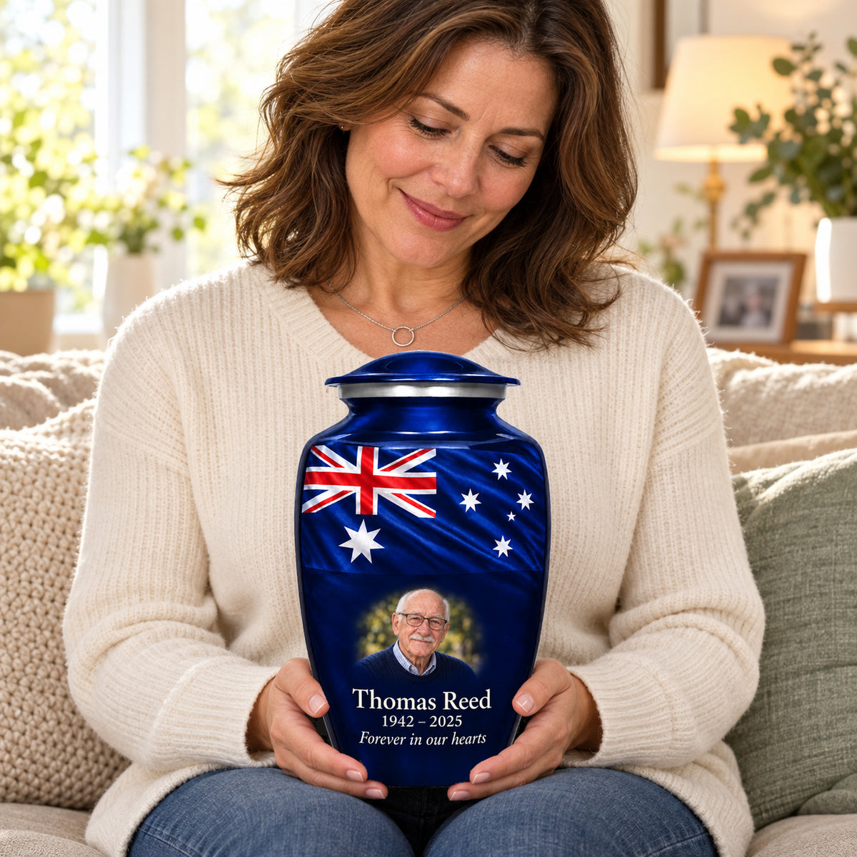 Seated person holding the navy blue adult Midnight Australian Tribute Australian flag urn on their lap.
