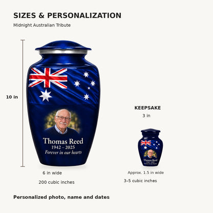 Size guide: adult 10 inches high, 6 inches at widest point, 200 cubic inches; keepsake 3 inches high, approximately 1.5 inches wide, 3–5 cubic inches.