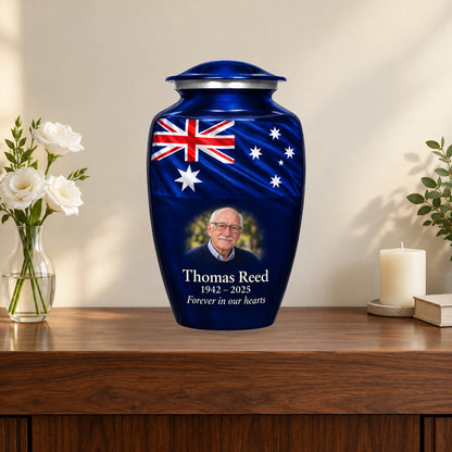 Navy Blue personalized Midnight Australian Tribute Australian flag adult urn on a memorial console; decorative props are not included.