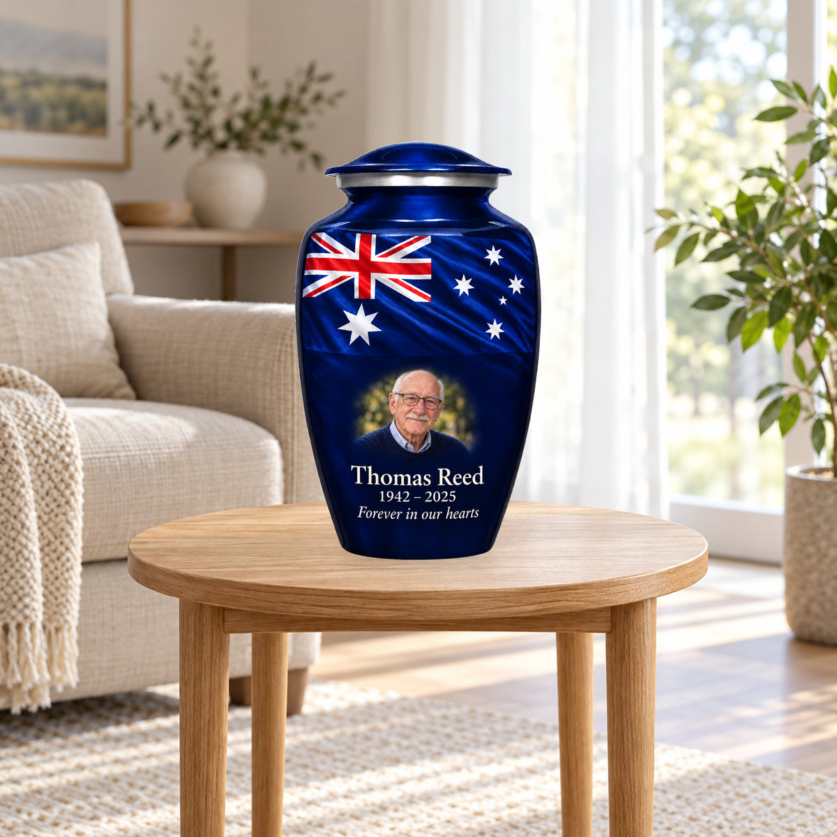 Navy Blue personalized Midnight Australian Tribute Australian flag adult urn in a home display; decorative props are not included.