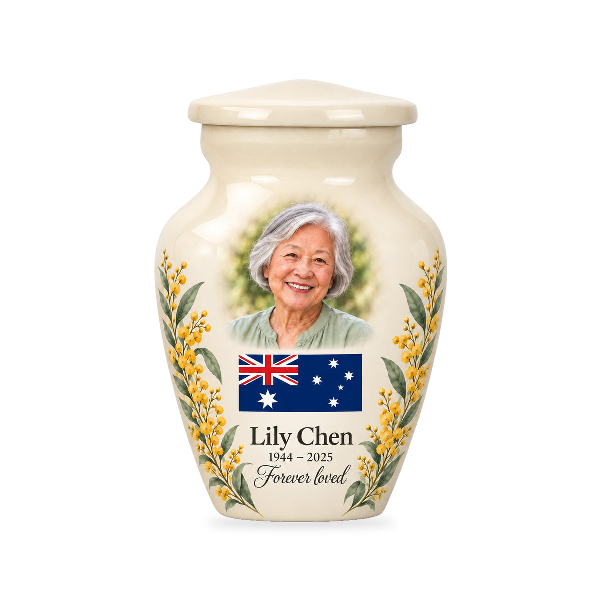 One ivory ringless 3-inch keepsake urn with a fictional portrait above an Australian flag and watercolor golden wattle at the lower sides on white.