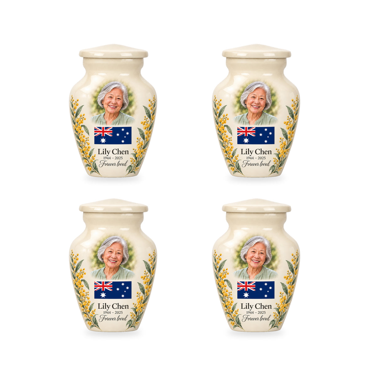 Four matching ivory ringless keepsake urns with Australian flag artwork and fictional sample personalization.