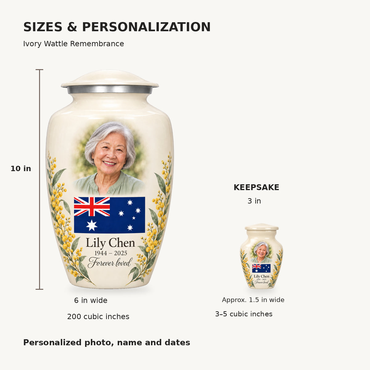Size guide: adult 10 inches high, 6 inches at widest point, 200 cubic inches; keepsake 3 inches high, approximately 1.5 inches wide, 3–5 cubic inches.