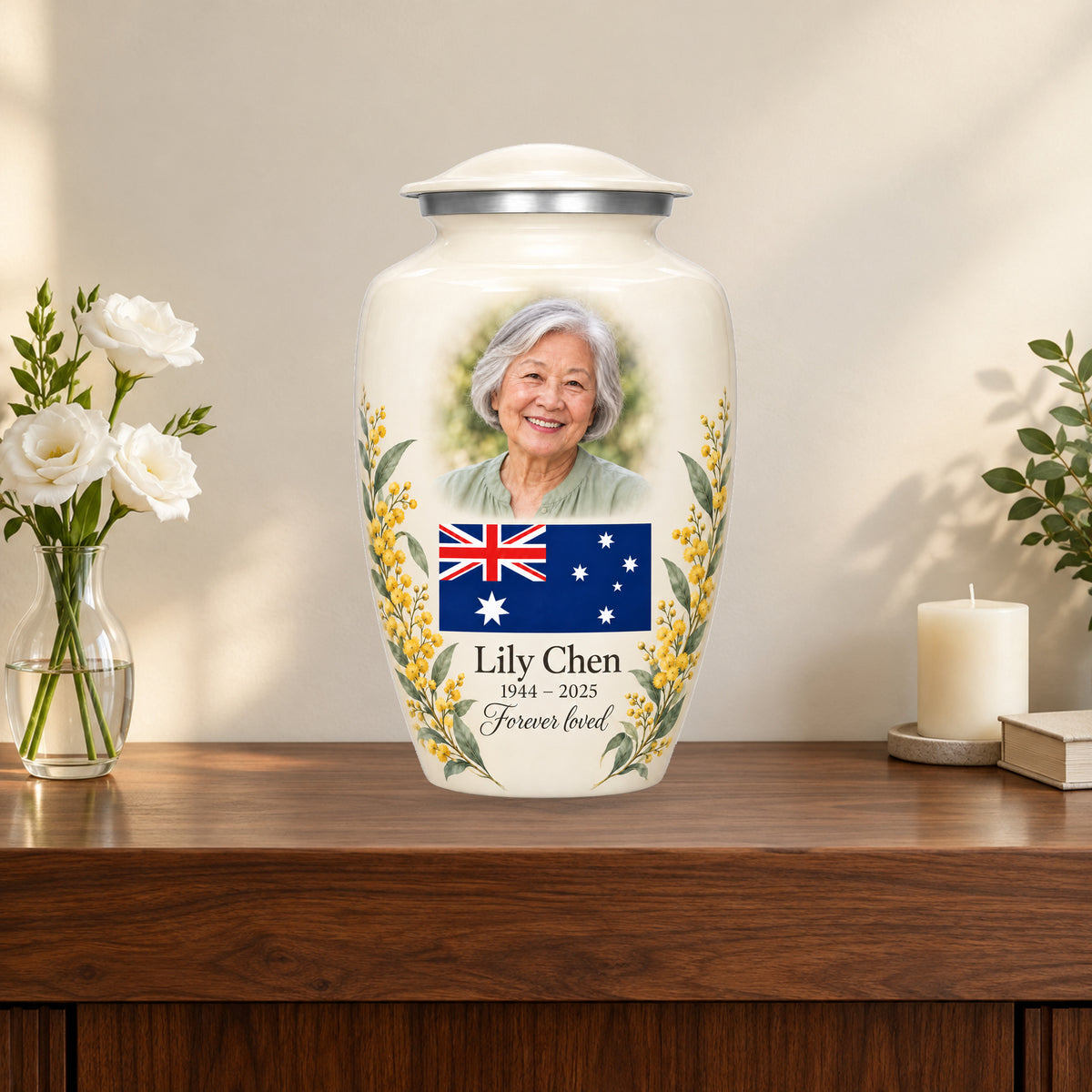 Ivory personalized Ivory Wattle Remembrance Australian flag adult urn on a memorial console; decorative props are not included.