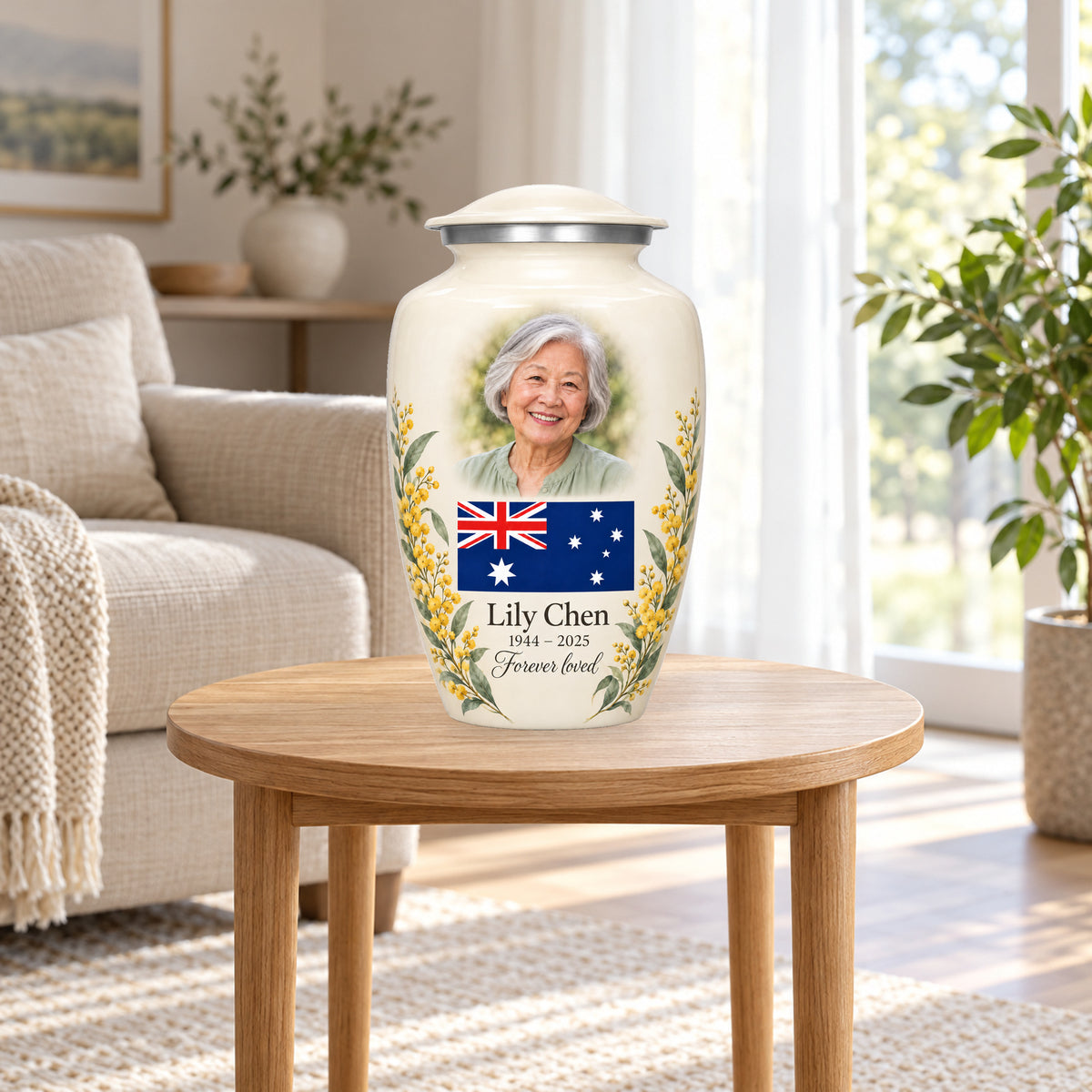 Ivory personalized Ivory Wattle Remembrance Australian flag adult urn in a home display; decorative props are not included.