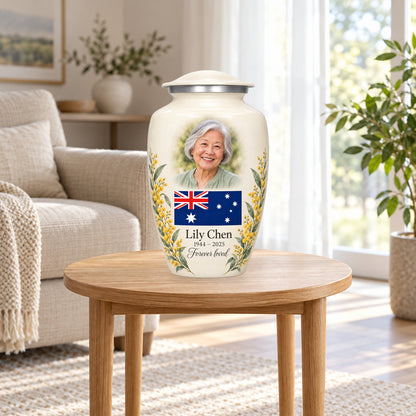 Ivory personalized Ivory Wattle Remembrance Australian flag adult urn in a home display; decorative props are not included.