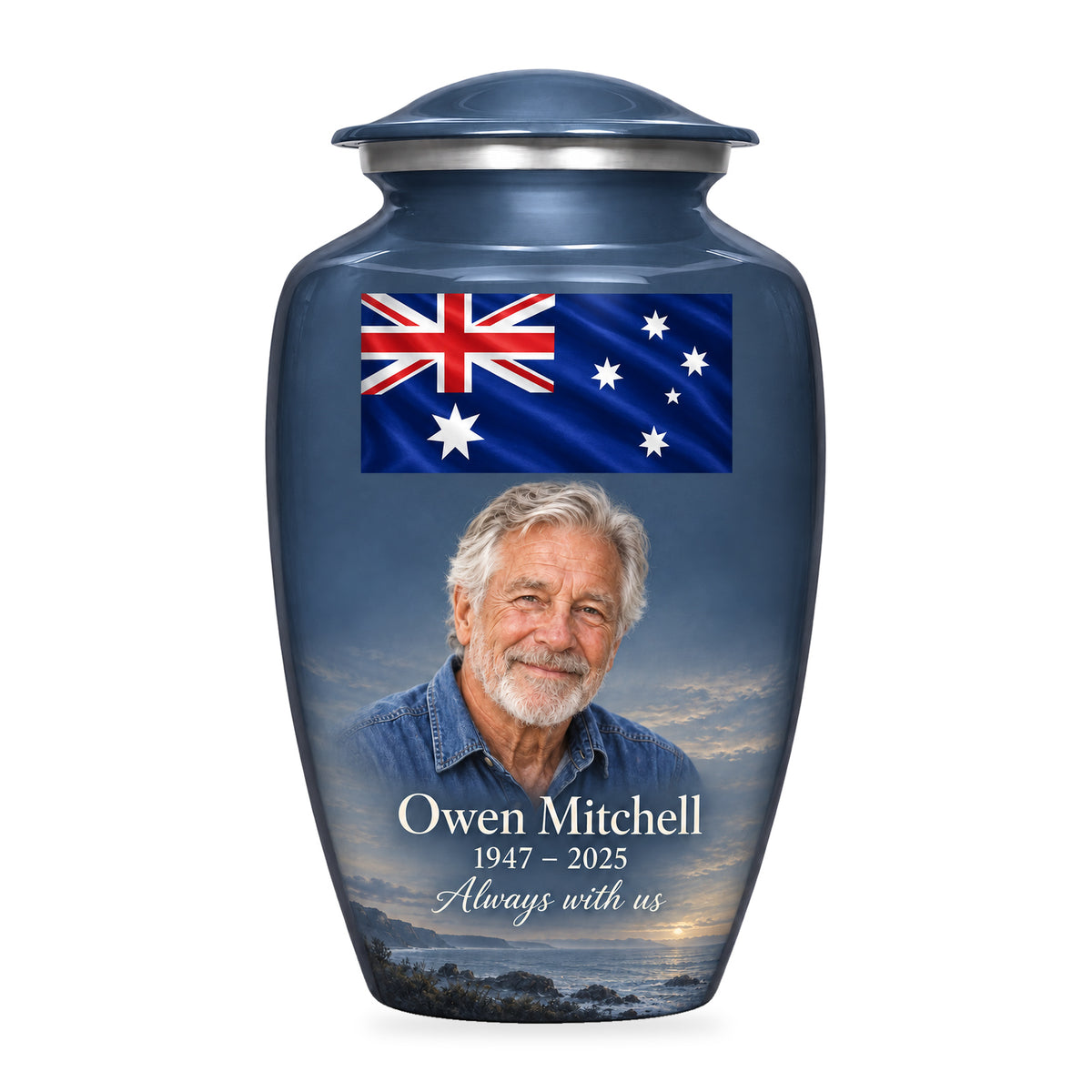 Slate Blue adult Slate Coastal Tribute urn with a wide Australian flag panel, a fictional portrait below and subtle coastal details on white.