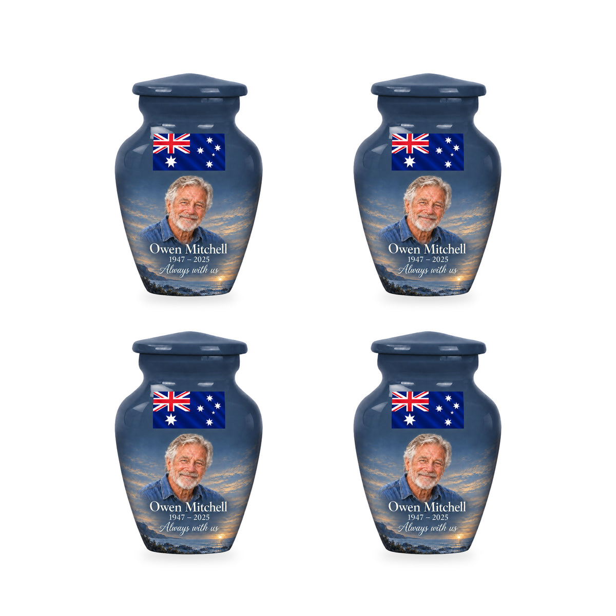 Four matching slate blue ringless keepsake urns with Australian flag artwork and fictional sample personalization.